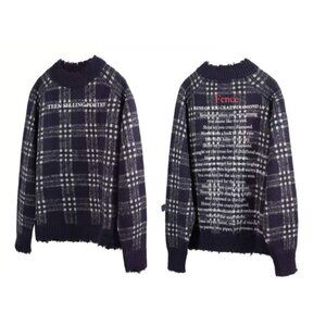 Navy Plaid Graphic Sweater NWT Mens XL Teen Selling Poetry 100% Cotton Unvesno